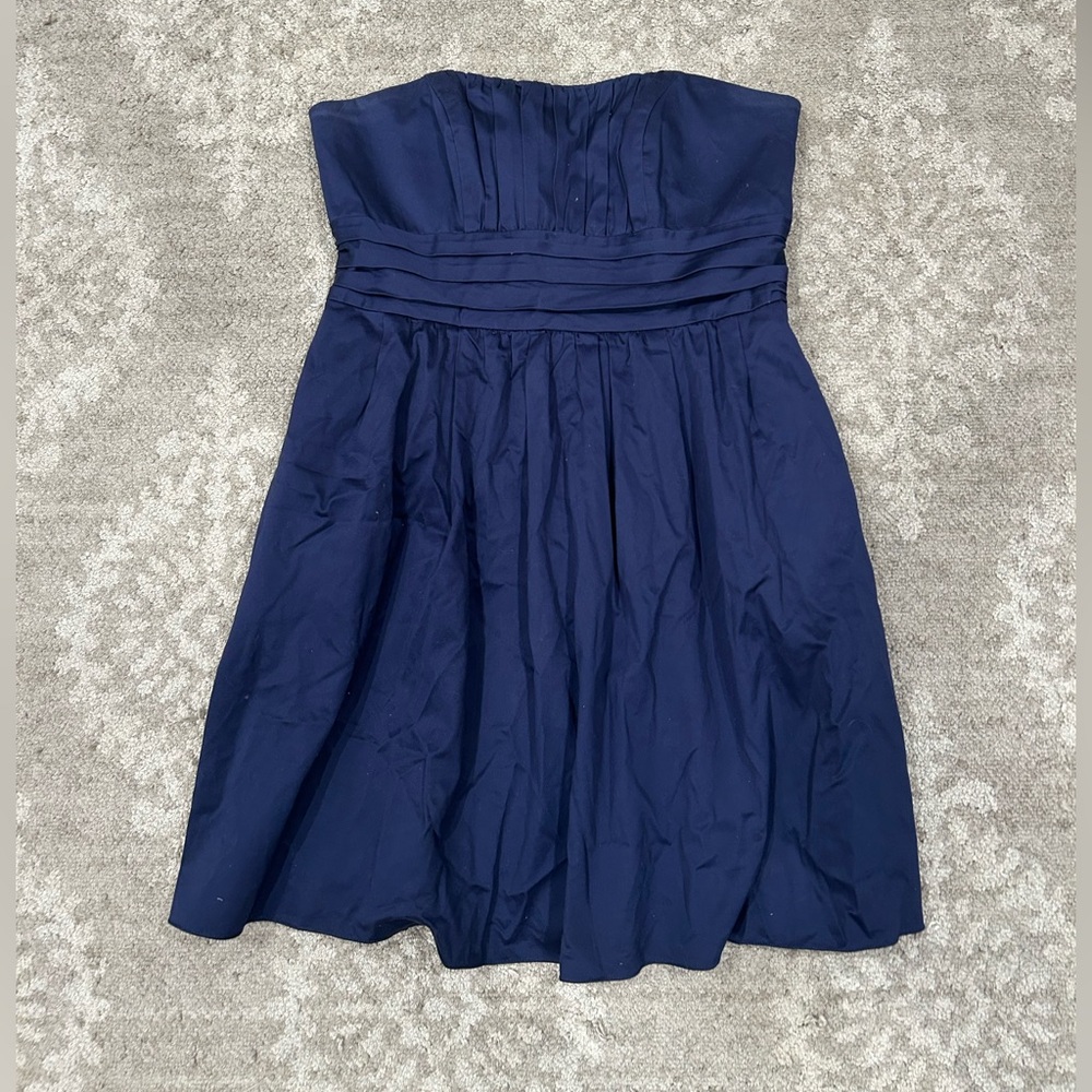 David’s Bridal Navy Cotton Sateen Short Strapless Ruched Dress Size 14